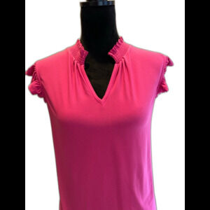 Anne Klein Blouse Sz Large Bright Pink Fuchsia Smocked V Neck Ruffle Cap Sleeve